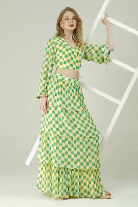 Surabhi Arya Yellow Muslin V-neck Lime Polka Dot Skirt And Top Set 