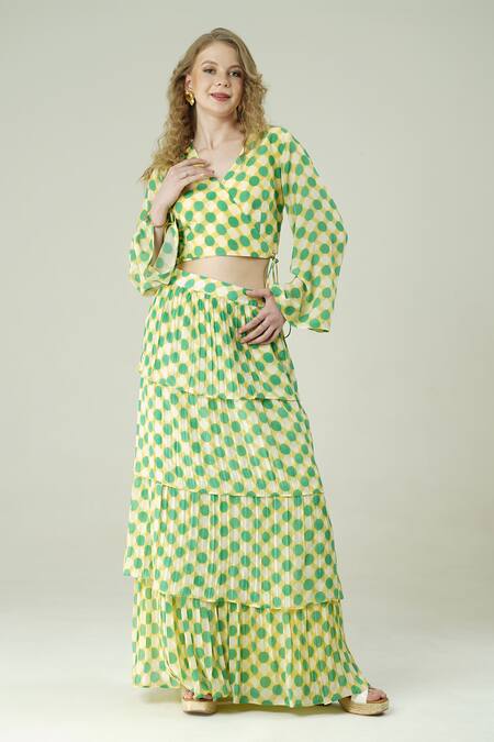 Surabhi Arya_Yellow Muslin V-neck Lime Polka Dot Skirt And Top Set _Online_at_Aza_Fashions