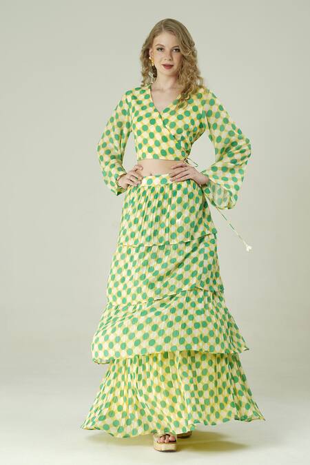 Buy_Surabhi Arya_Yellow Muslin V-neck Lime Polka Dot Skirt And Top Set _Online_at_Aza_Fashions