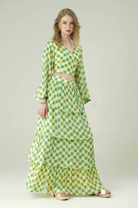 Surabhi Arya_Yellow Muslin V-neck Lime Polka Dot Skirt And Top Set _at_Aza_Fashions