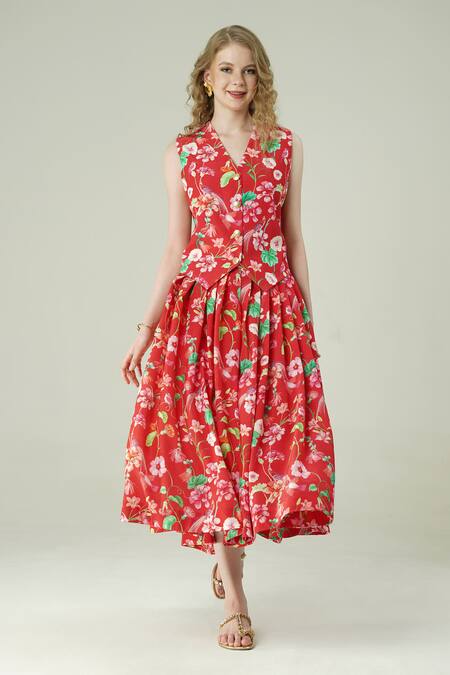 Buy_Surabhi Arya_Red Crepe V-neck Floral Print Waist Coat And Skirt Set _Online_at_Aza_Fashions