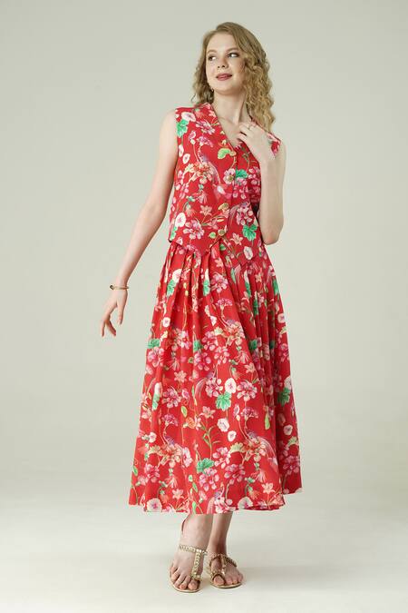 Surabhi Arya Red Crepe V-neck Floral Print Waist Coat And Skirt Set 