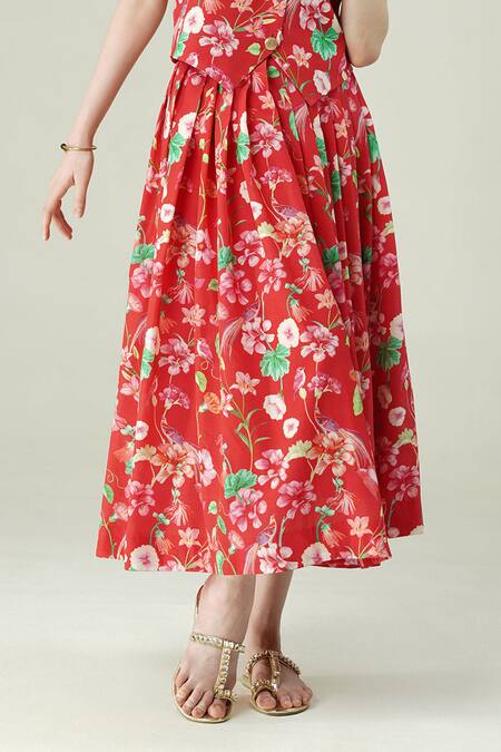 Shop_Surabhi Arya_Red Crepe V-neck Floral Print Waist Coat And Skirt Set _Online_at_Aza_Fashions