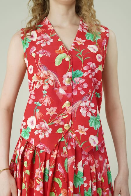 Buy_Surabhi Arya_Red Crepe V-neck Floral Print Waist Coat And Skirt Set 