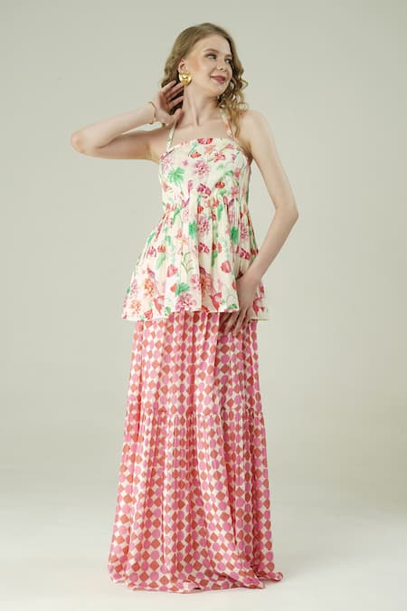 Buy_Surabhi Arya_Ivory Muslin Off-shoulder, Bandeau Neck Floral Peplum Top And Skirt Set _Online_at_Aza_Fashions