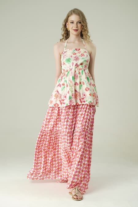 Surabhi Arya Ivory Muslin Off-shoulder, Bandeau Neck Floral Peplum Top And Skirt Set 