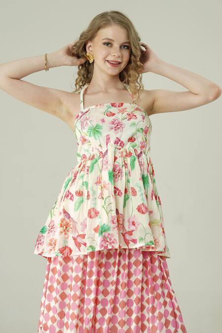 Shop_Surabhi Arya_Ivory Muslin Off-shoulder, Bandeau Neck Floral Peplum Top And Skirt Set _Online_at_Aza_Fashions