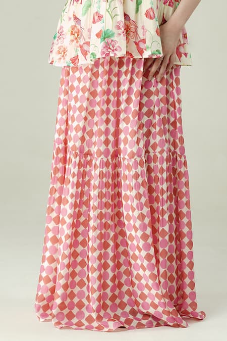 Buy_Surabhi Arya_Ivory Muslin Off-shoulder, Bandeau Neck Floral Peplum Top And Skirt Set 