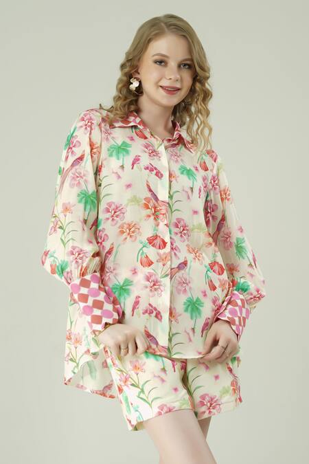 Shop_Surabhi Arya_Ivory Muslin Collared Floral Print Top And Shorts Set _Online_at_Aza_Fashions