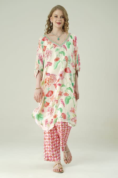 Buy_Surabhi Arya_Ivory Muslin Embroidery V-neck Floral Hand Kaftan And Pant Set _Online_at_Aza_Fashions