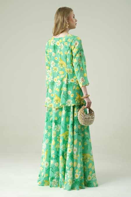 Surabhi Arya Green Floral Hand Embroidered Kurta Sharara Set 