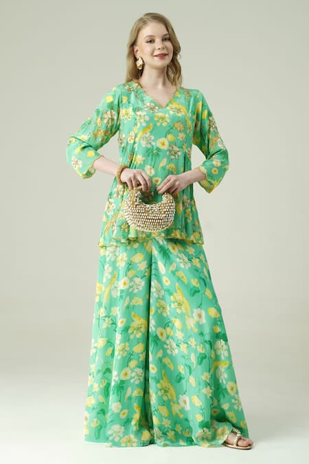 Surabhi Arya Green Crepe Embroidery V-neck Floral Hand Kurta Sharara Set 
