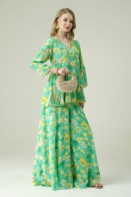 Shop_Surabhi Arya_Green Crepe Embroidery V-neck Floral Hand Kurta Sharara Set _Online_at_Aza_Fashions