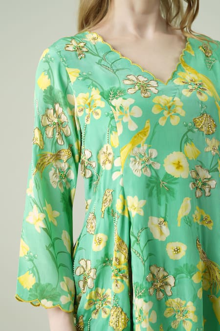 Shop_Surabhi Arya_Green Crepe Embroidery V-neck Floral Hand Kurta Sharara Set 