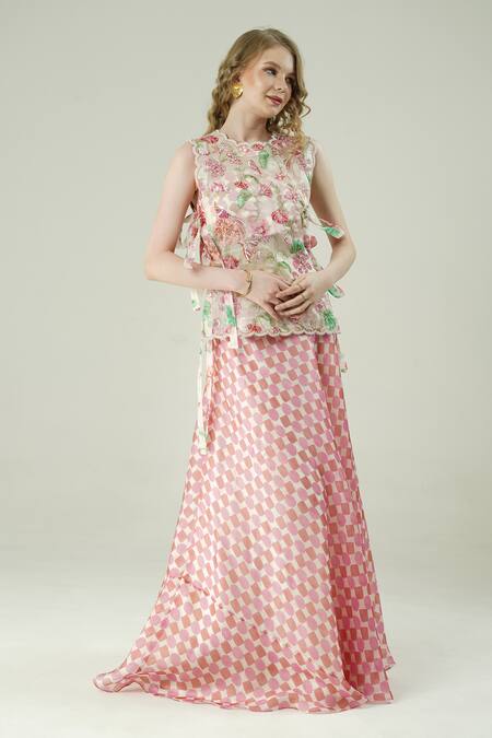 Buy_Surabhi Arya_Ivory Organza, Crepe Embroidery Round Neck Floral Hand Top And Skirt Set _Online_at_Aza_Fashions