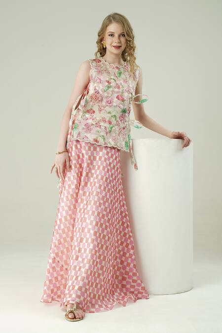 Shop_Surabhi Arya_Ivory Organza, Crepe Embroidery Round Neck Floral Hand Top And Skirt Set _Online_at_Aza_Fashions