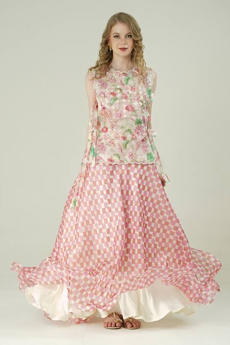 Surabhi Arya_Ivory Organza, Crepe Embroidery Round Neck Floral Hand Top And Skirt Set _at_Aza_Fashions