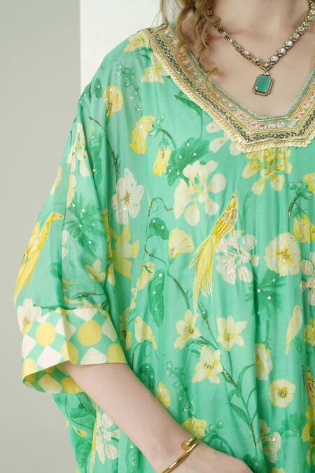 Shop_Surabhi Arya_Green Muslin Embroidery V-neck Floral Hand Kaftan Set _Online_at_Aza_Fashions