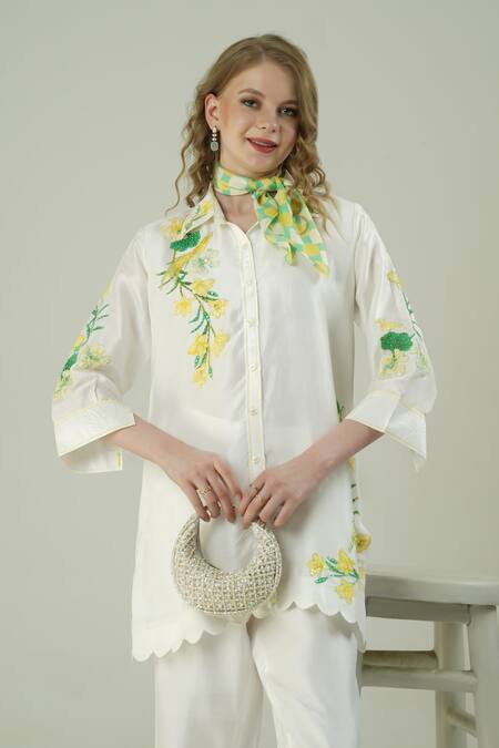 Surabhi Arya_Ivory Silk Embroidery Collared Patch Work Shirt Set _Online_at_Aza_Fashions