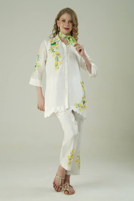 Buy_Surabhi Arya_Ivory Silk Embroidery Collared Patch Work Shirt Set _Online_at_Aza_Fashions
