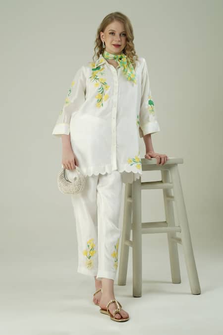 Surabhi Arya Ivory Silk Embroidery Collared Patch Work Shirt Set 