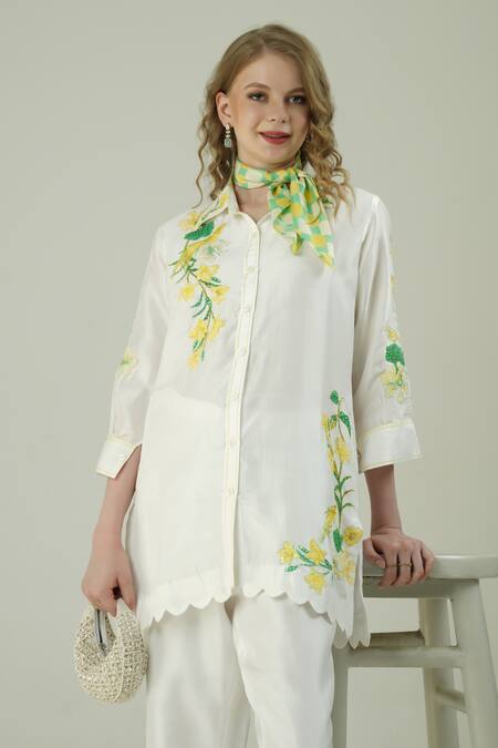 Surabhi Arya_Ivory Silk Embroidery Collared Patch Work Shirt Set _at_Aza_Fashions