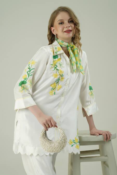 Buy_Surabhi Arya_Ivory Silk Embroidery Collared Patch Work Shirt Set 