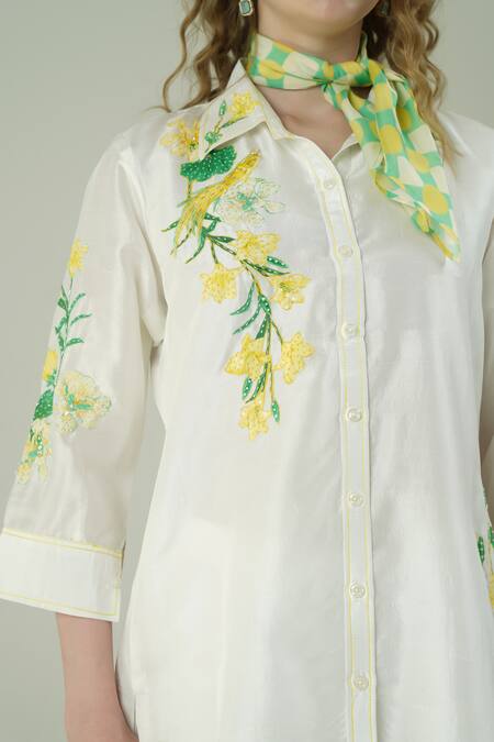 Shop_Surabhi Arya_Ivory Silk Embroidery Collared Patch Work Shirt Set 