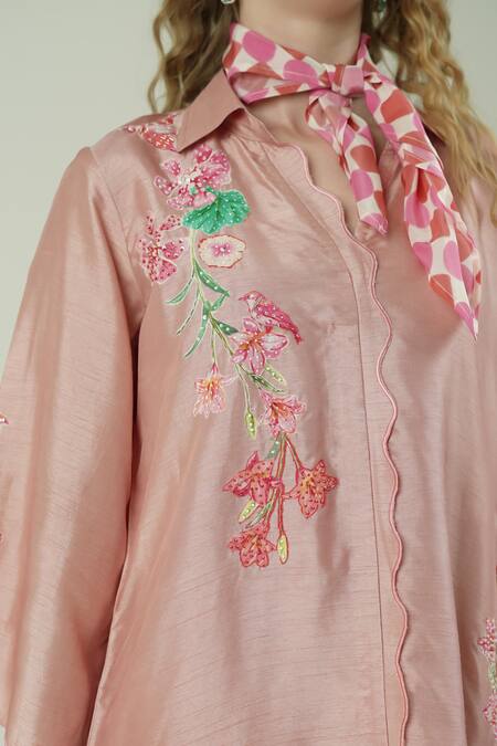 Buy_Surabhi Arya_Pink Silk Embroidery Mandarin Collar Onion Shirt Set _Online_at_Aza_Fashions