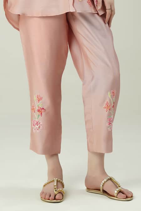 Shop_Surabhi Arya_Pink Silk Embroidery Mandarin Collar Onion Shirt Set _Online_at_Aza_Fashions