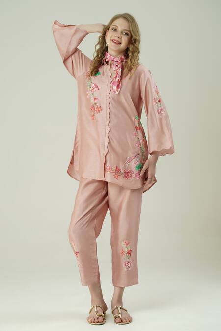 Surabhi Arya_Pink Silk Embroidery Mandarin Collar Onion Shirt Set _at_Aza_Fashions