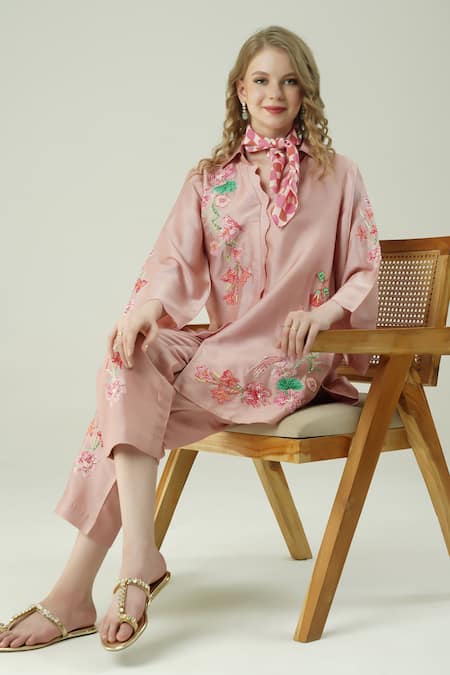 Buy_Surabhi Arya_Pink Silk Embroidery Mandarin Collar Onion Shirt Set 