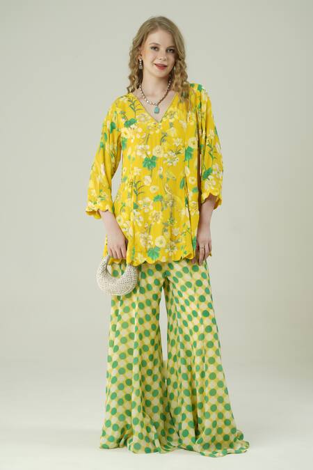 Shop_Surabhi Arya_Yellow Crepe Embroidery V-neck Floral Hand Kurta And Sharara Set _Online_at_Aza_Fashions