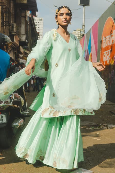 Label Earthen_Mint Chanderi , Organza, Embroidery V-neck Aqua Green Sharara Set _Online_at_Aza_Fashions
