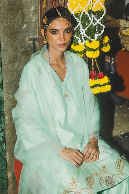 Buy_Label Earthen_Mint Chanderi , Organza, Embroidery V-neck Aqua Green Sharara Set _Online_at_Aza_Fashions