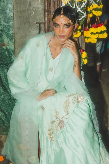 Shop_Label Earthen_Mint Chanderi , Organza, Embroidery V-neck Aqua Green Sharara Set _Online_at_Aza_Fashions