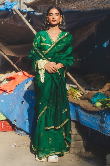 Label Earthen Emerald Green Organza Sari & Blouse 