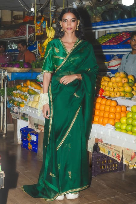 Label Earthen Emerald Green Organza Sari & Blouse 