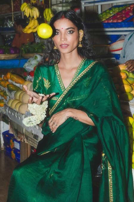 Shop_Label Earthen_Emerald Green Organza, Silk Embroidery V-neck Sari And Blouse _Online_at_Aza_Fashions