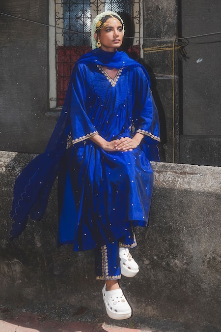 Label Earthen Electric Blue Raat ki Raani Kurta Set 