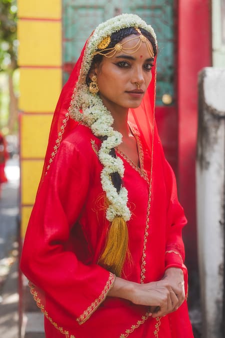 Shop_Label Earthen_Red Chanderi , Organza, Embroidery V-neck Sindoori Mirchi Sharara Set _Online_at_Aza_Fashions