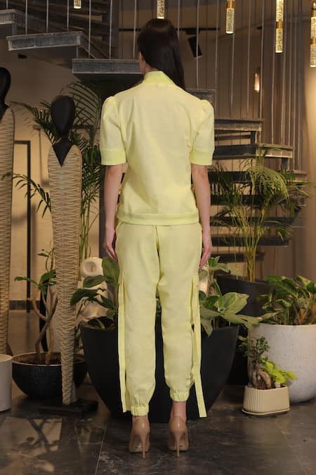 Ankur J Yellow Linen Crochet Bomber Shirt & Pant Set 