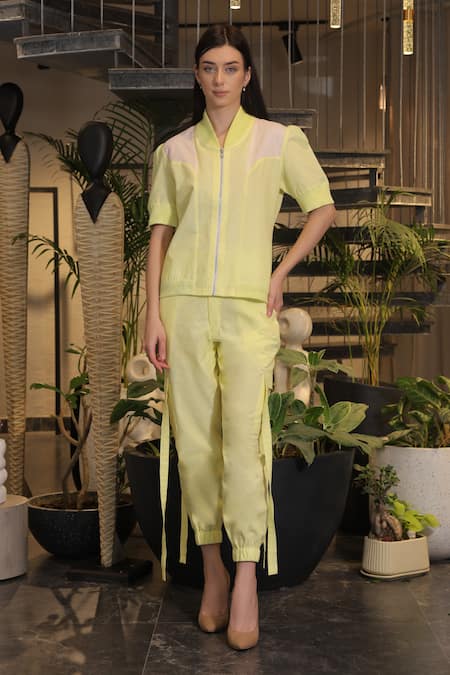 Ankur J Yellow Linen High Neck Crochet Bomber Shirt And Pant Set 