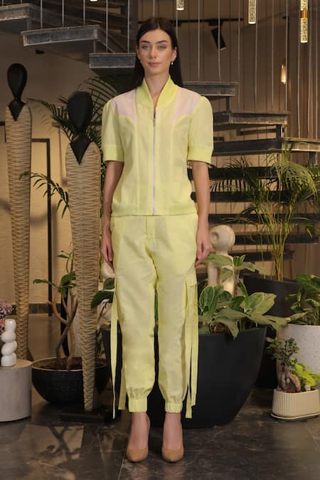 Buy_Ankur J_Yellow Linen High Neck Crochet Bomber Shirt And Pant Set _Online_at_Aza_Fashions