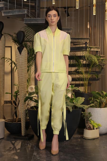 Shop_Ankur J_Yellow Linen High Neck Crochet Bomber Shirt And Pant Set _Online_at_Aza_Fashions