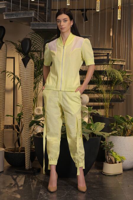 Buy_Ankur J_Yellow Linen High Neck Crochet Bomber Shirt And Pant Set 