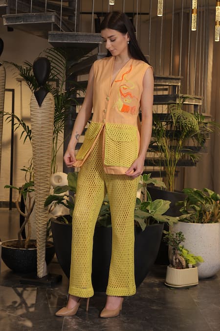 Shop_Ankur J_Peach Linen Embroidery V-neck Crochet Pocket Jacket And Pant Set _Online_at_Aza_Fashions