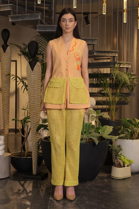 Buy_Ankur J_Peach Linen Embroidery V-neck Crochet Pocket Jacket And Pant Set 