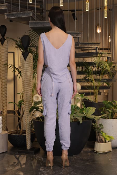 Ankur J Blue Crushed Cotton Linen Top & Joggers Set 