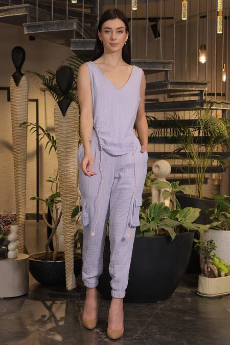 Shop_Ankur J_Blue Cotton, Linen, Crepe V-neck Crushed Top And Joggers Set _Online_at_Aza_Fashions